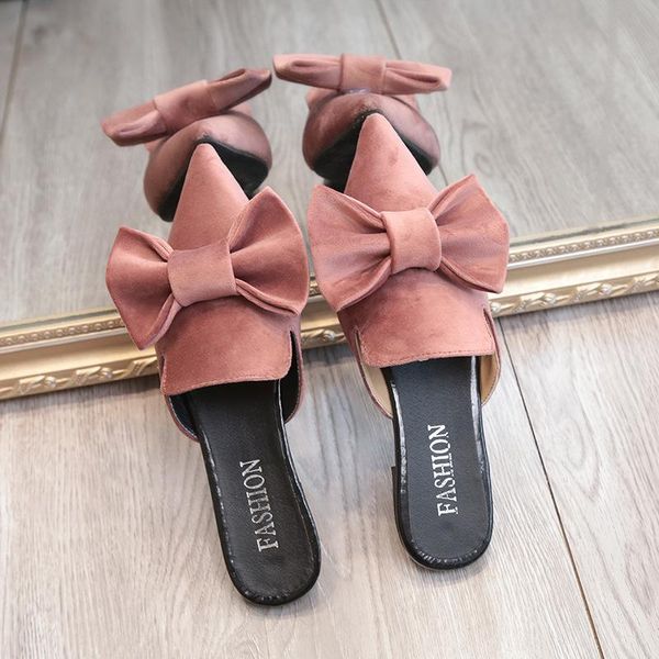 

slippers 2021 spring and summer ladies bow velvet flat shoes pointed toe low heel baotou sandals outside wearing, Black