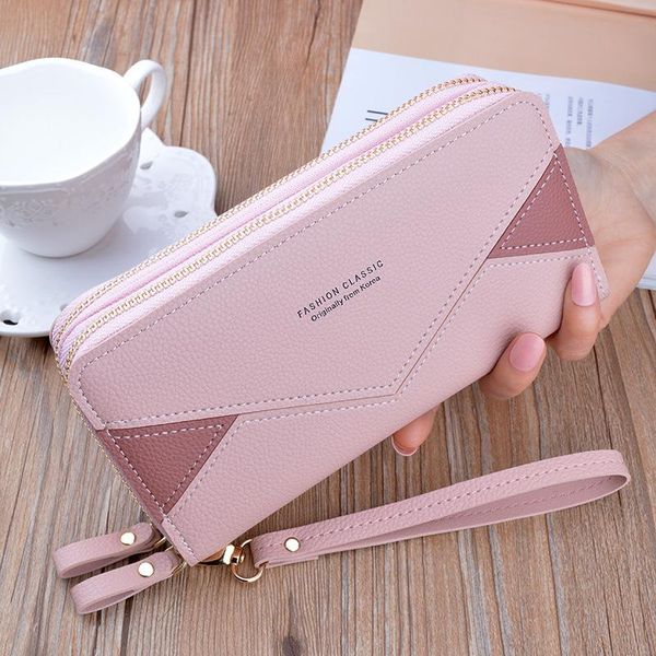 

wallets fashion contrast women's long wallet double zipper card large capacity clutch bag, Red;black