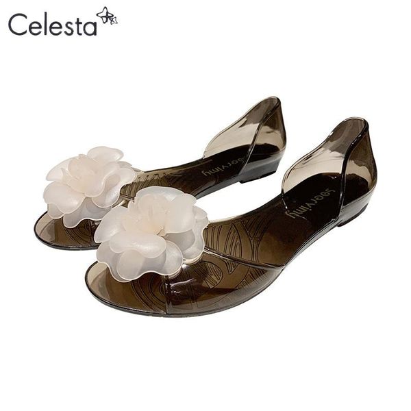 

sandals celesta jelly women's flip flop transparent multicolor flowers summer women flat beach shoes, Black