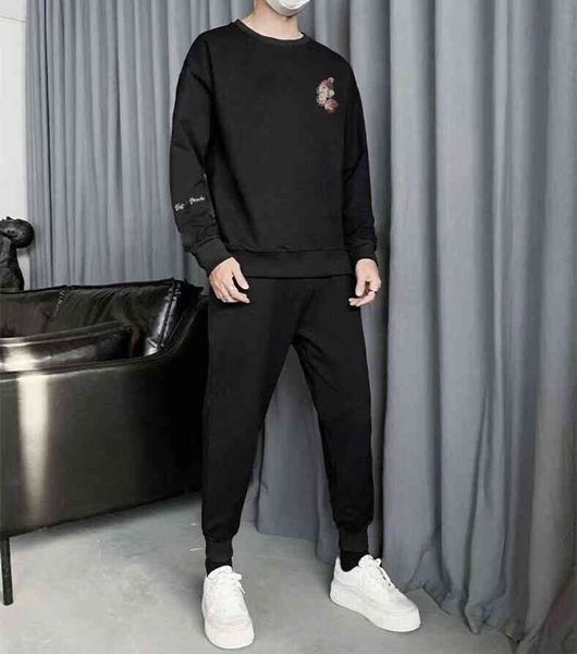 

2021 winter new feijia men's plush leisure suit korean round neck sweater and trousers sportswear, Gray