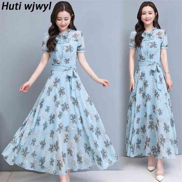 

pink floral chiffon women maxi dress plus size bodycon party vestidos summer vintage print casual boho beach midi 210528, Black;gray
