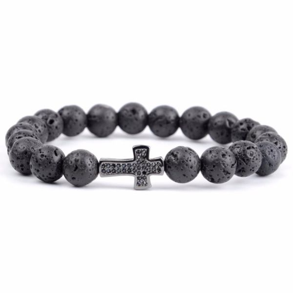 

charm bracelets trendy beaded bracelet micro pave corss for women men natural stone black lave beads jewelry pulseira feminina, Golden;silver
