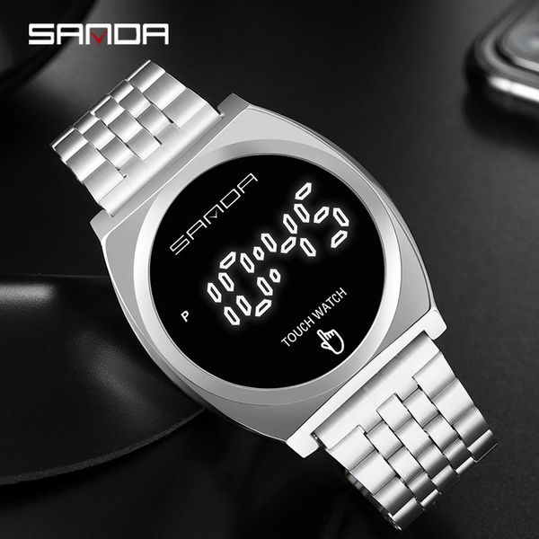 

wristwatches sanda fashion digital watch men's men touch screen led waterproof clock electronic male stainless steel, Slivery;brown
