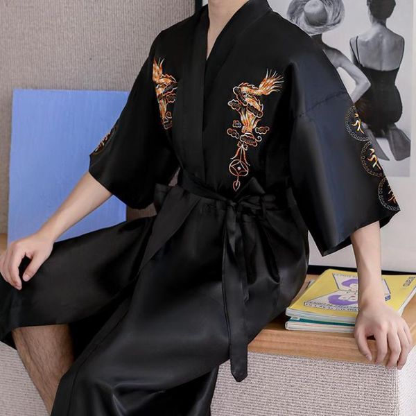 

men's sleepwear robe men summer kimono bath gown nightwear embroidery dragonloose bathrobe lingerie v-neck oversized loungewear, Black;brown