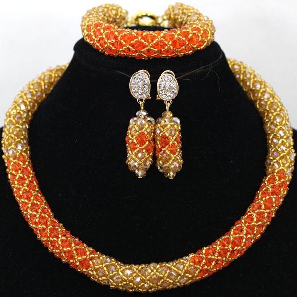 

earrings & necklace wonderful african gold jewelry set orange champagne beads bridesmaid crystal beaded handmade braid party gift qw622, Silver
