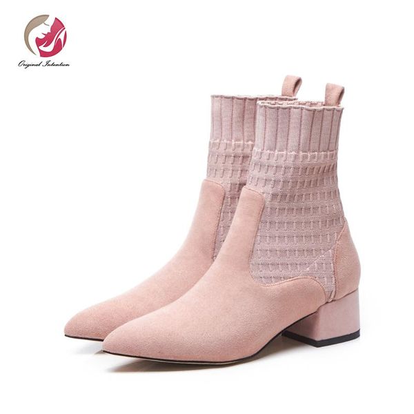 

boots original intention sweet lady ankle woman sock square heels pointy toe pink black shoes concise kid suede cute