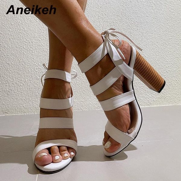 

sandals aneikeh fashion summer gladiator narrow band women's 2021 pu shallow lace-up sewing square heels head peep toe, Black
