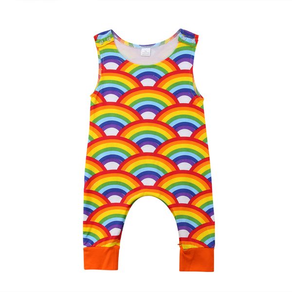 

newborn infant baby girls boys summer lovely fashion romper 0-24m rainbow print sleeveless button jumpsuits sunsuit baby clothes, White