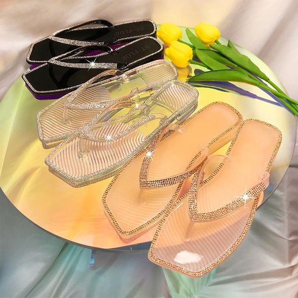 

fashion roman rhinestone square toe flip open flat bottom outdoor women's slippers 2021 summer, Black