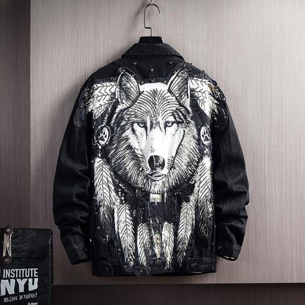 

men's jackets 2021 fashion streetwear men printed designer hip hop denim punk coats slim fit biker, Black;brown