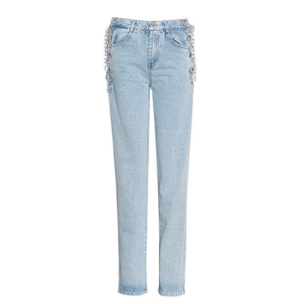 

high waist patchwork chains hit color straight vintage jeans for female, Blue