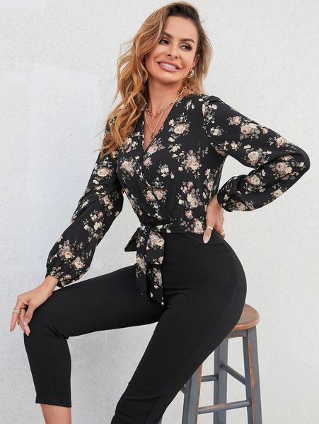 

floral print lantern sleeve belted jumpsuit l3ha#, White