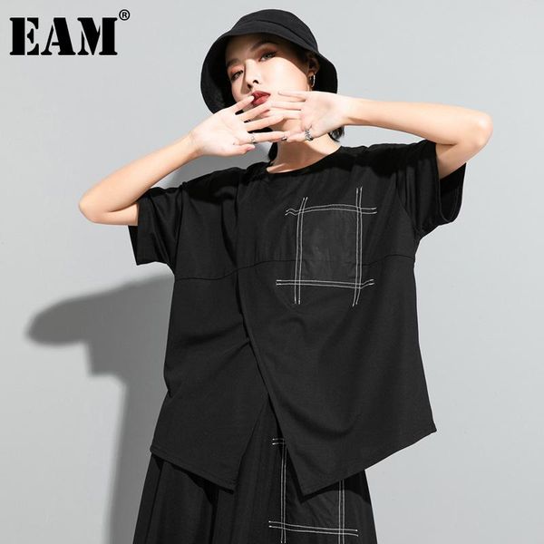 

women's t-shirt [eam] women black spliced irregular big size round neck short sleeve fashion tide spring summer 2021 1dd7734, White