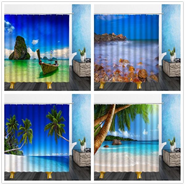 

3d beach scenery shower curtains sunset sea ocean mediterranean bathroom waterproof cloth decoration 180*240cm bath curtain