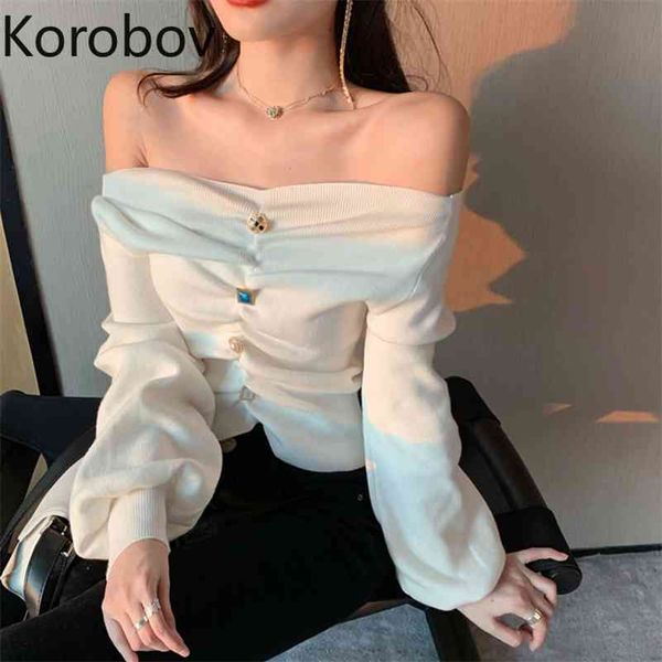 

korobov korean slash neck off shoulder women sweaters vintage colorful button long sleeve sueter mujer chic ol pullovers 210430, White;black