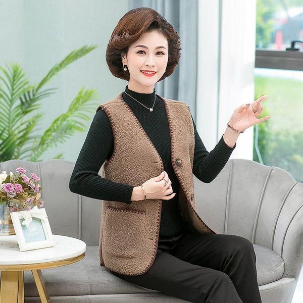 

women's vests 2021 winter vest jackets lamb wool thicken warm waistcoat women v collar single button pockets outwear sleeveless coat xl, Black;white