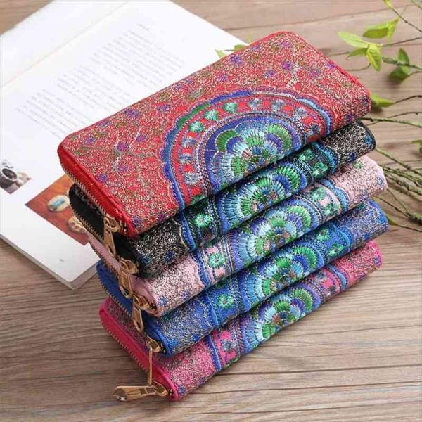 

women vintage ethnic bag floral embroidered coin clutch purse lady card long wallet phone holder handbag, Red;black