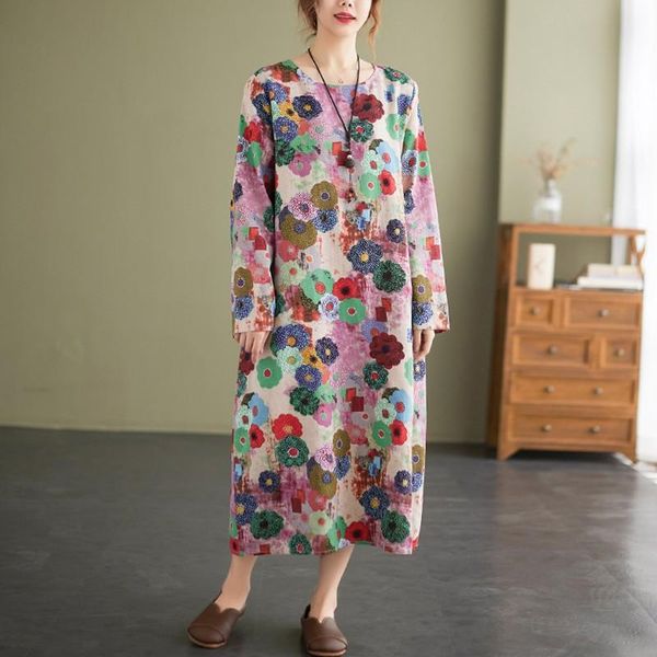 

casual dresses women cotton linen dress arrival 2021 autumn vintage style o-neck print loose comfortable female long b945, Black;gray