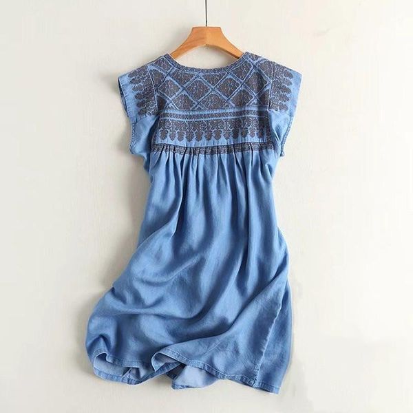 

casual dresses women tencel denim dress cotton high waist sleeveless soft short loose stlye embroidery, Black;gray