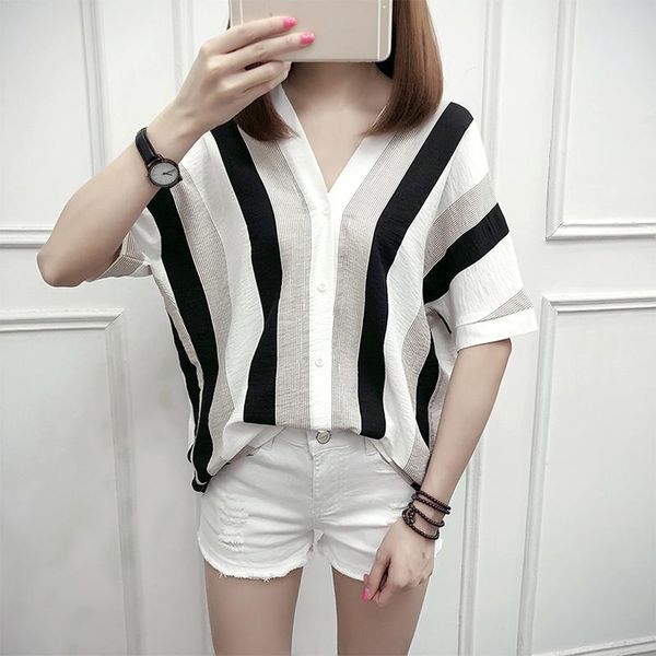 

women's blouses & shirts women striped blouse shirt half sleeve v-neck casual et chemisier femme blusas mujer de moda, White