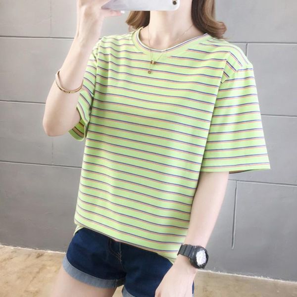 

women's t-shirt colored striped t shirt summer tshirts for women fashion casual wild crew neck short sleeve tee, White