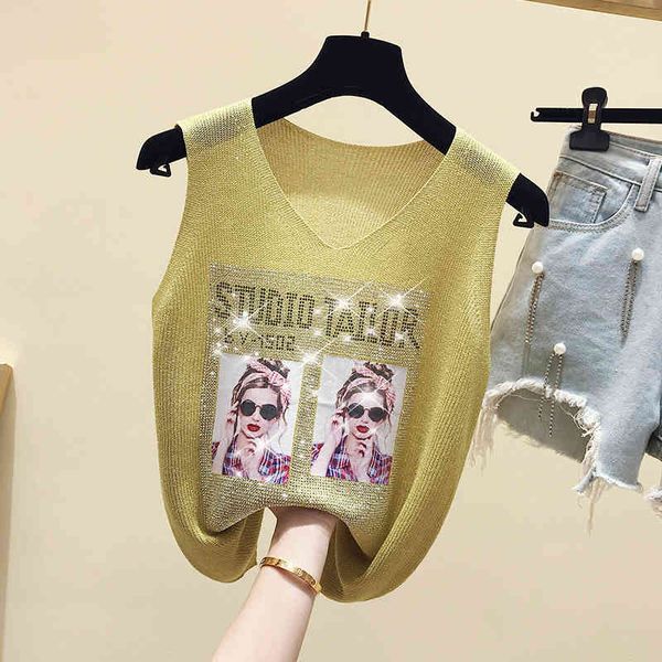 

summer women thin bright silk knitted t-shirt women's fashion girl rhinestones sleeveless vest outwear female a2552 210428, White