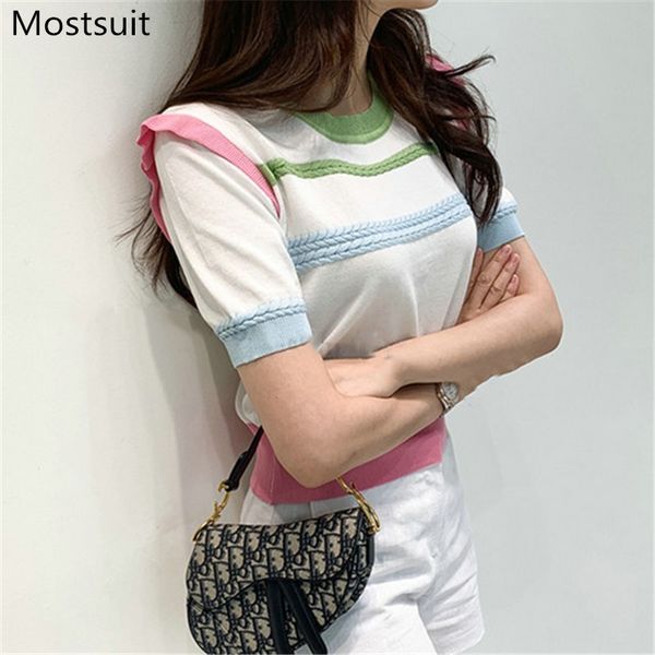 

color-blocked twisted knitted pullover sweater women summer short sleeve o-neck buttons korean fashion ladies jumpers 210514, White;black
