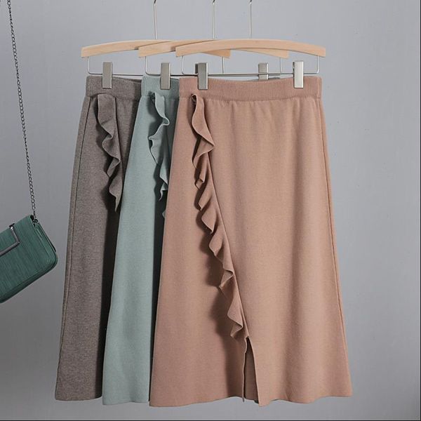 

womens skirt ruffled women knitted high waist long a line skirts autumn winter warm sweater midi jupe femme faldas, Black