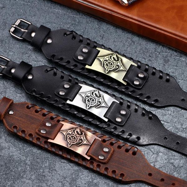 

bangle toten design nordic viking oding dragon bracelet men's hand woven wide leather wristband adjustable punk jewelry, Black