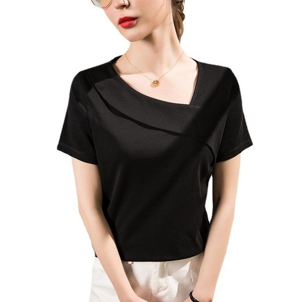

women's t-shirt design white short sleeved woman 2021 summer skew neck clavicle ladies tees clothes ae0122