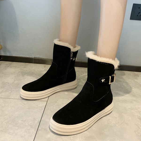 

warm plush winter ankle boots women shoes woman vintage ladies flat zip metal buckle flat platform shoes female botas mujer, Black