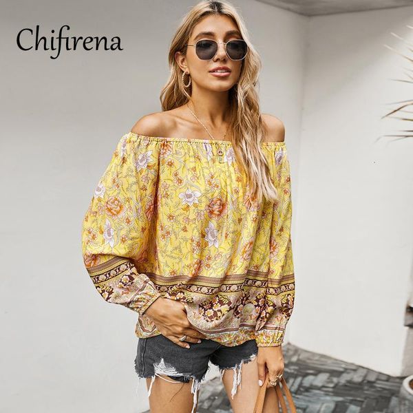 

women's knits & tees chifirena vintage loose floral print women blouse 2021 spring autumn slash neck holiday bohemian style c, White