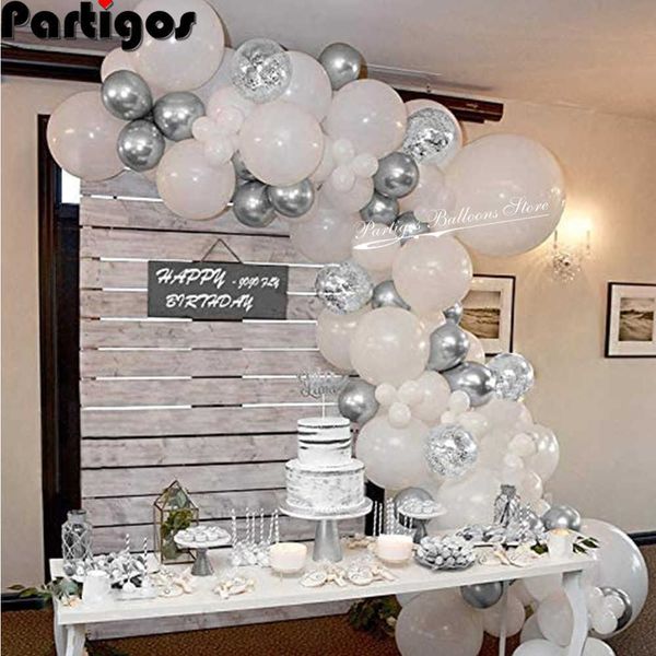 72 adet Beyaz Gümüş Metal Balon Garland Arch Set 12 inç Konfeti Balon Bebek Duş Düğün Dekorasyon Arka Plan Duvar Malzemeleri 210626