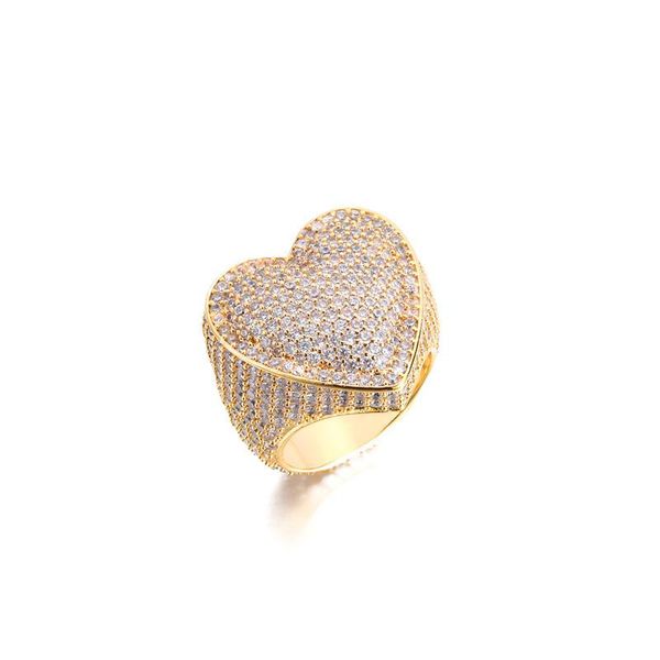 

cluster rings hip hop micro paved cz stone bling iced out solid heart shape finger for men rapper jewelry gift gold silver color, Golden;silver