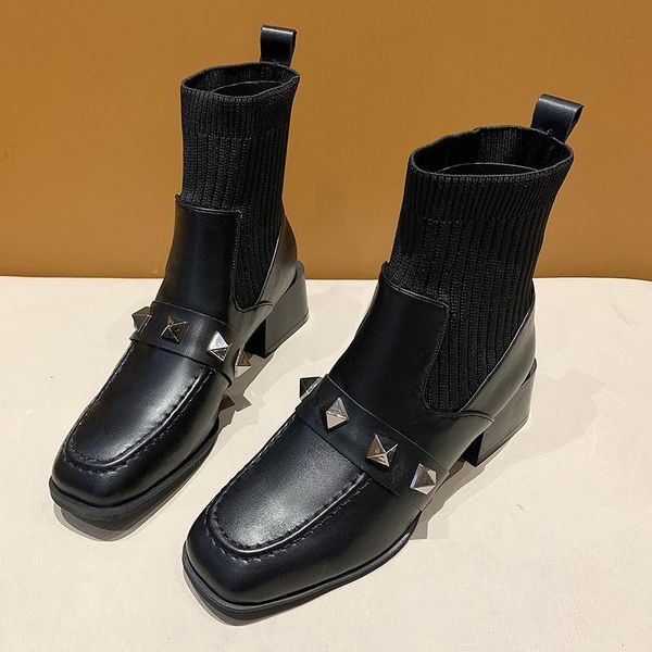 

boots 2021 winter fashion string bead mid heels knitting women shoes warm snow slip-on casual designer ankle chunky, Black