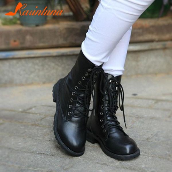 

boots karin big size 35-43 female cross tied round toe square med heels ankle women 2021 office casual shoes woman, Black