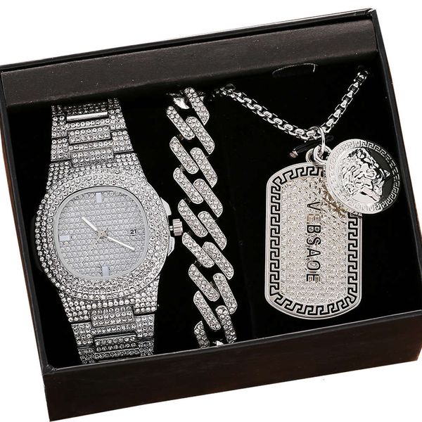 

watch hip hop set full diamond band quartz watch + set 3pcs / box available separately, Slivery;brown