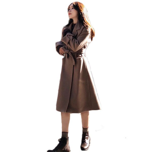 

suit collar female long korean wool winter double face blazer elegant woolen f424 blend jacket 001s, Black;brown