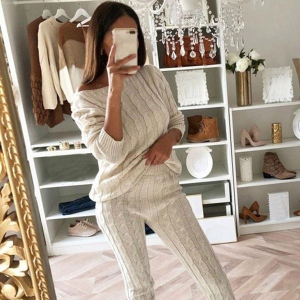 

2pcs winter solid color shoulder women tracksuits sweater pants knitted pajamas set, Gray