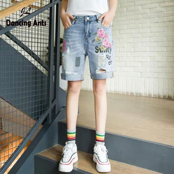 

woman jeans high waist loose straight knee-length shorts korean embroidery hole streetwear female denim 2021 spring summer women's, White;black