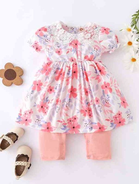 

baby floral print guipure lace insert 2 in 1 jumpsuit she, Blue