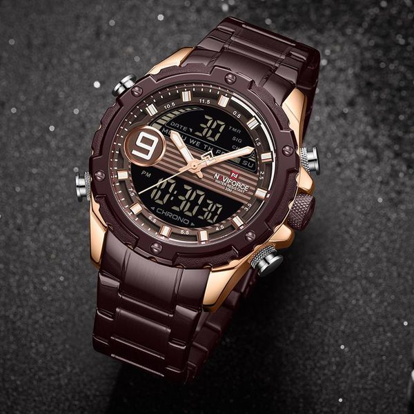 

wristwatches naviforce casual watches mens calendar week display waterpoof stainless steel male sports chronograph relogio masculino, Slivery;brown