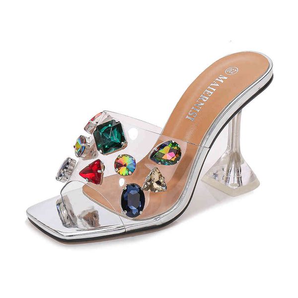

slippers fashion crystal summer diamond slides clear pvc transparent women shoes peep toe thin hihg heels mules dress pum atye, Black