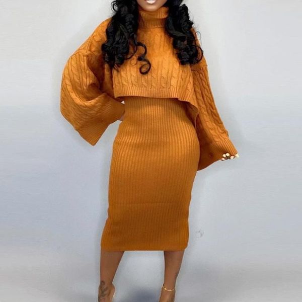 

two piece dress winter sweater sets fashion turtleneck long sleeve strap midi knitted outfits women solid 2pcs, White