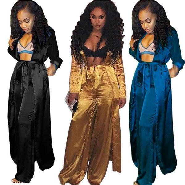

women's two piece pants satin tracksuit women set spring autumn clothes solid full sleeve sashes long cardigan + wide leg homewear suit, White