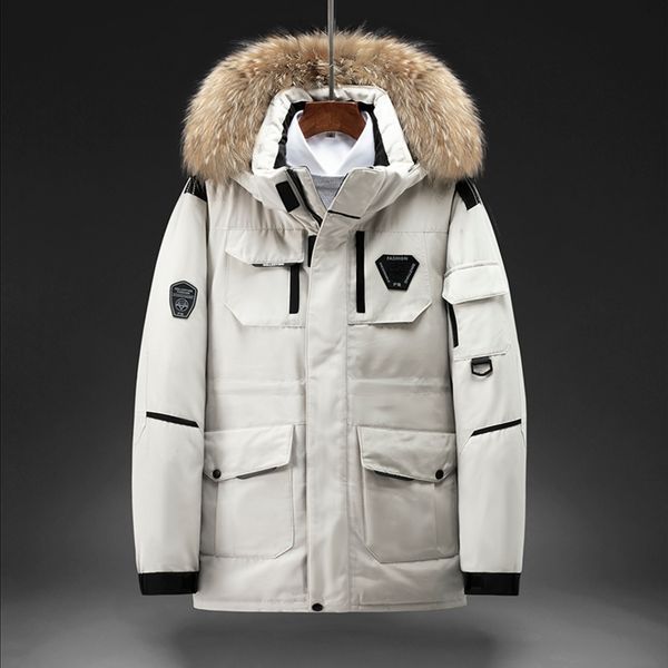 

solid color men's thick et, warm collar, white duck feather, detachable hat, casual coat, novelty in winter, Black