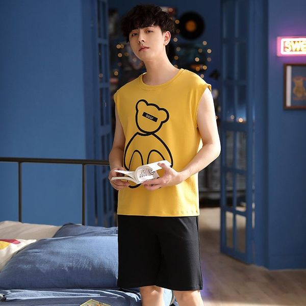 

men's sleepwear casual sleeveless summer thin cute bear vest youth man pajamas korean fashion yellow cotton loose shorts cartoon print, Black;brown