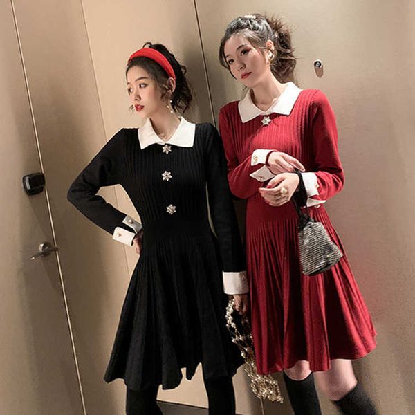 

french color-block lapel knitted dres's autumn and winter asymmetric pleated turn-down collar office lady 210603, Black;gray