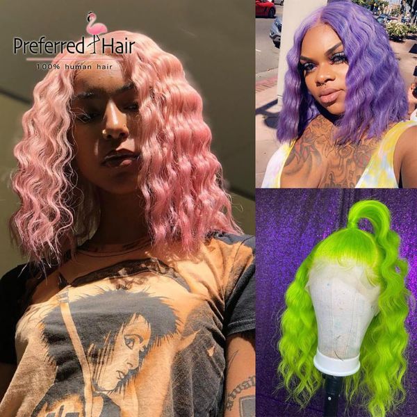 

preferred bob deep wave wig pink purple pre plucked lace front human hair wigs remy green transparent for women1, Black;brown