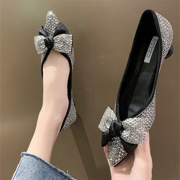 

sandals rhinestone bow high heels women's 2021 spring low-heeled shallow pointy banquet single bridesmaid wedding shoes, Black